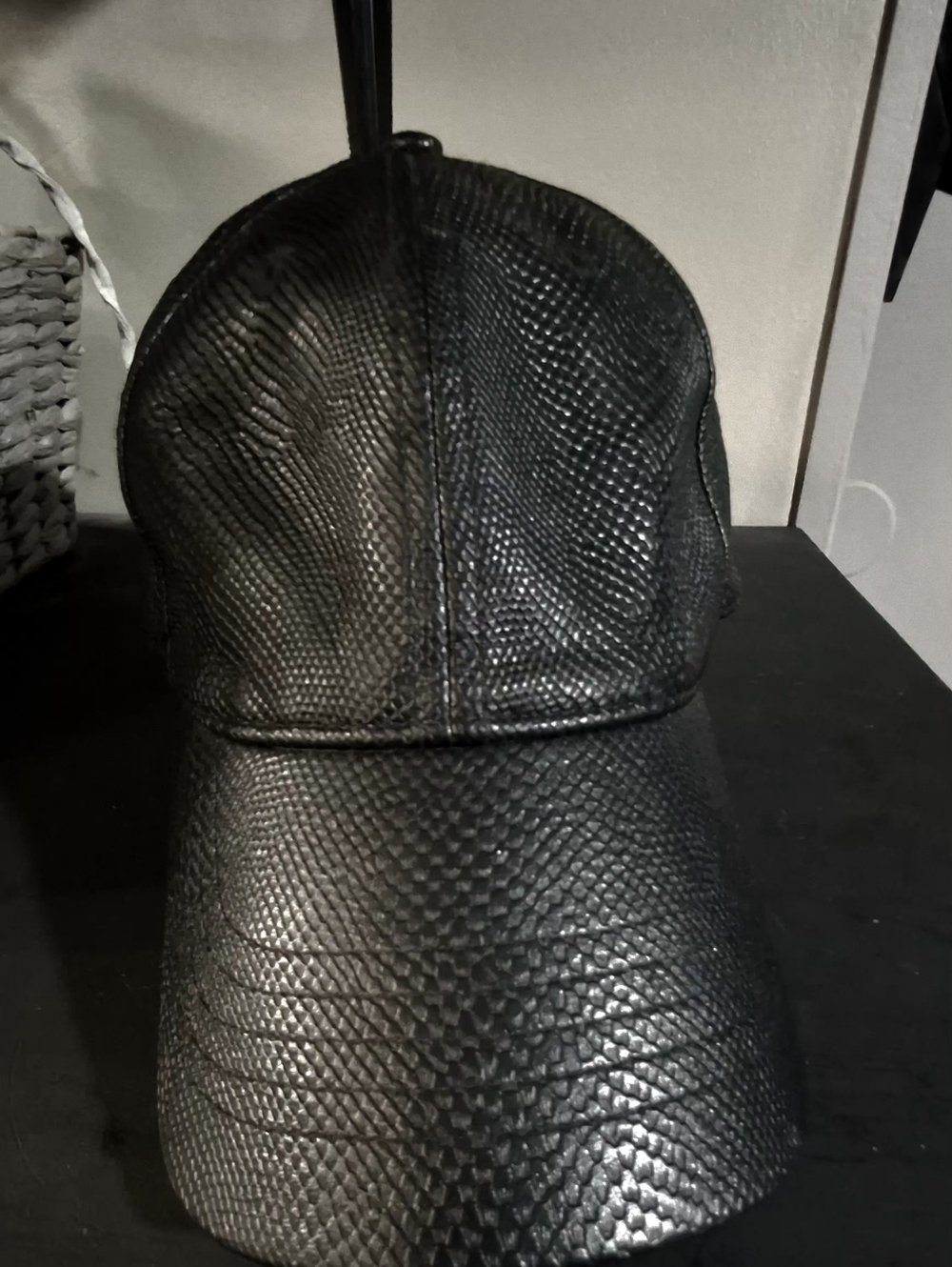 Black Textured Faux-Leather Baseball Cap - Unbranded
